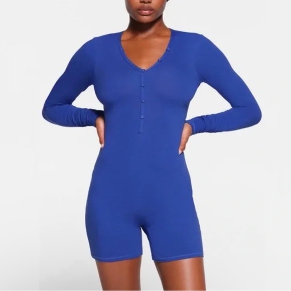 SKIMS Pants - Skims Long Sleeve Henley One Piece Romper Size S Blue Cotton Lounge Sleepwear